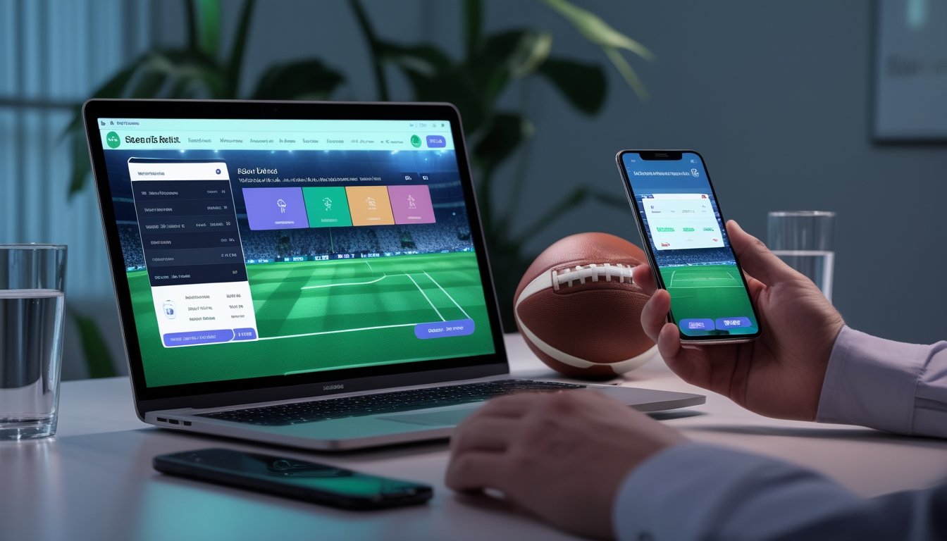 Laptop dan ponsel menampilkan antarmuka olahraga abstrak di samping bola sepak dalam ruang kerja modern.