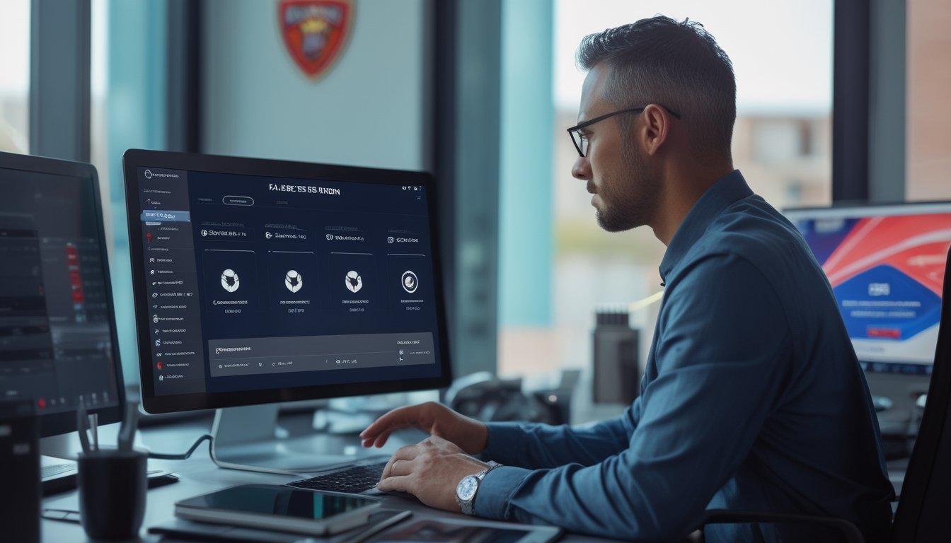Seorang analis dewasa memeriksa kredibilitas platform taruhan sepak bola melalui laptop di ruang kerja modern.