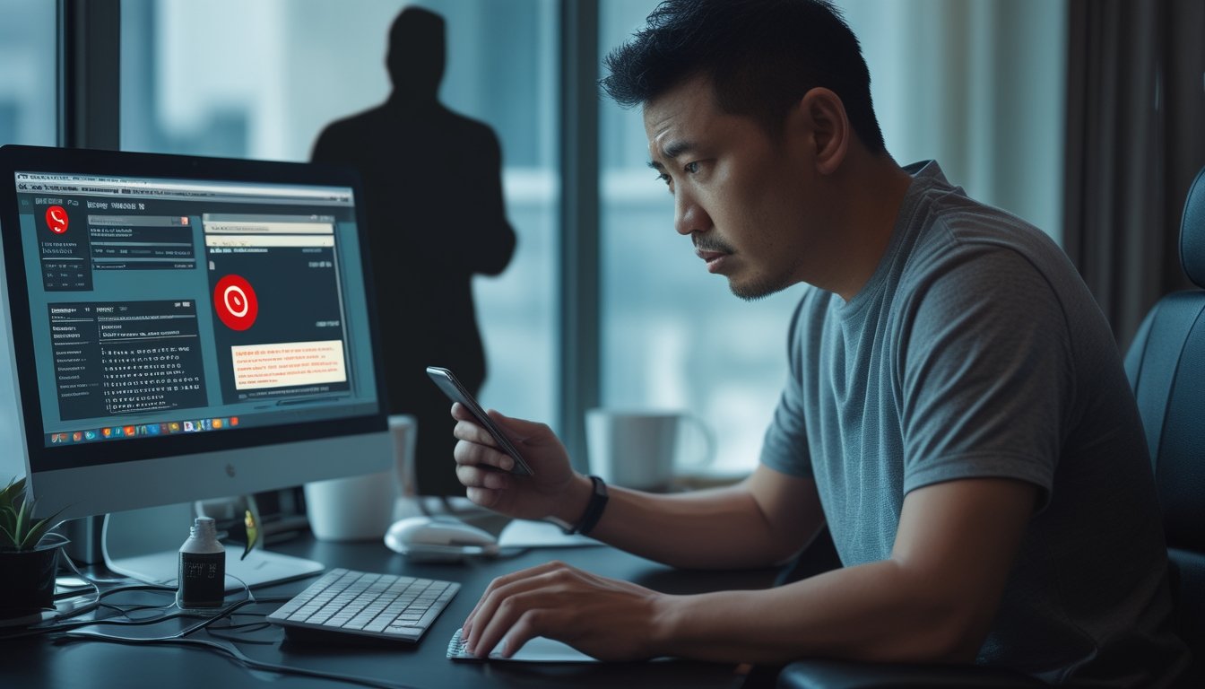 Seorang pemain terlihat waspada saat memeriksa laptop dan ponsel dengan tanda peringatan penipuan.