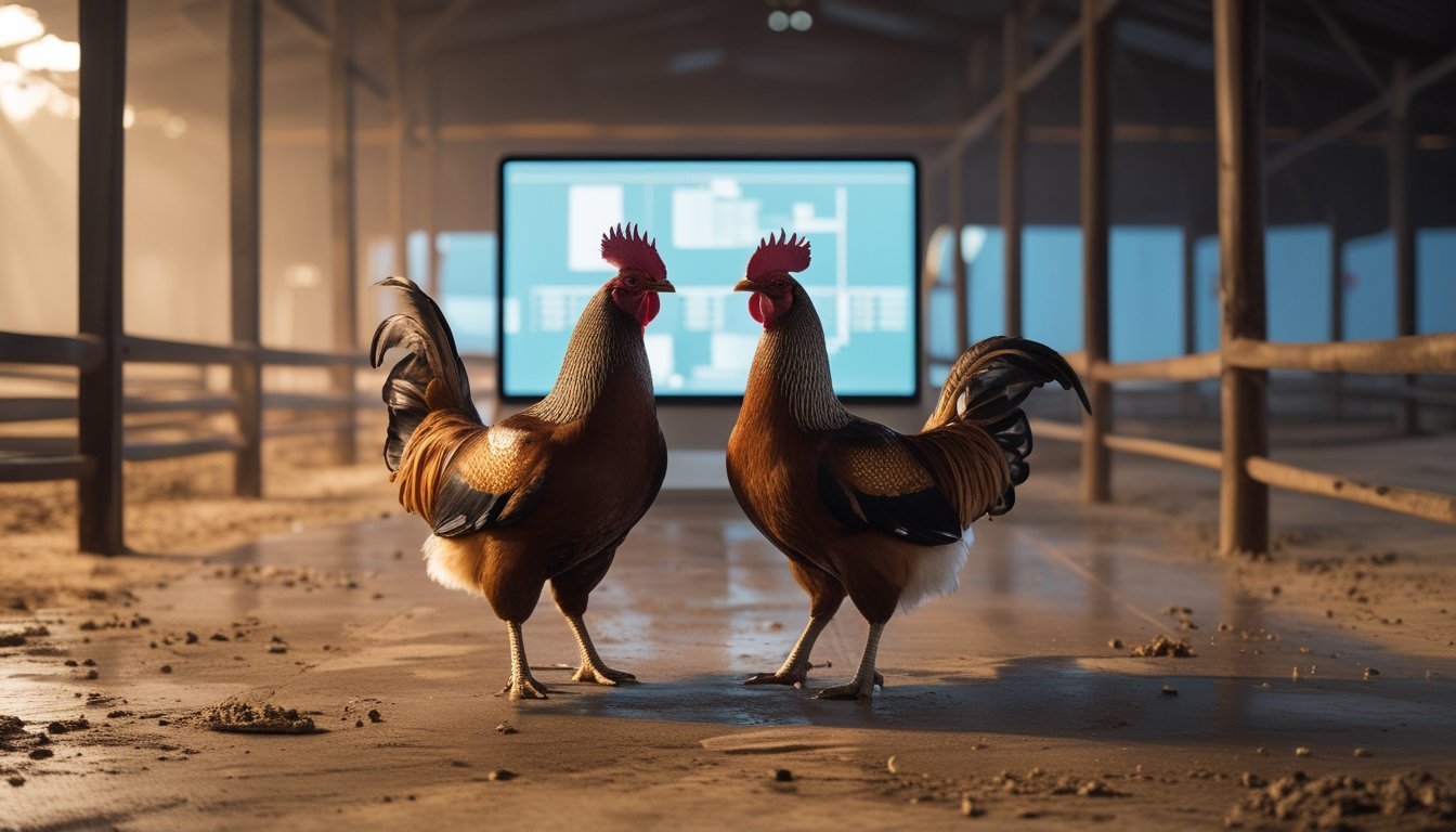 Dua ayam jago sehat berada di arena kayu yang rapi dengan perangkat digital di latar belakang.