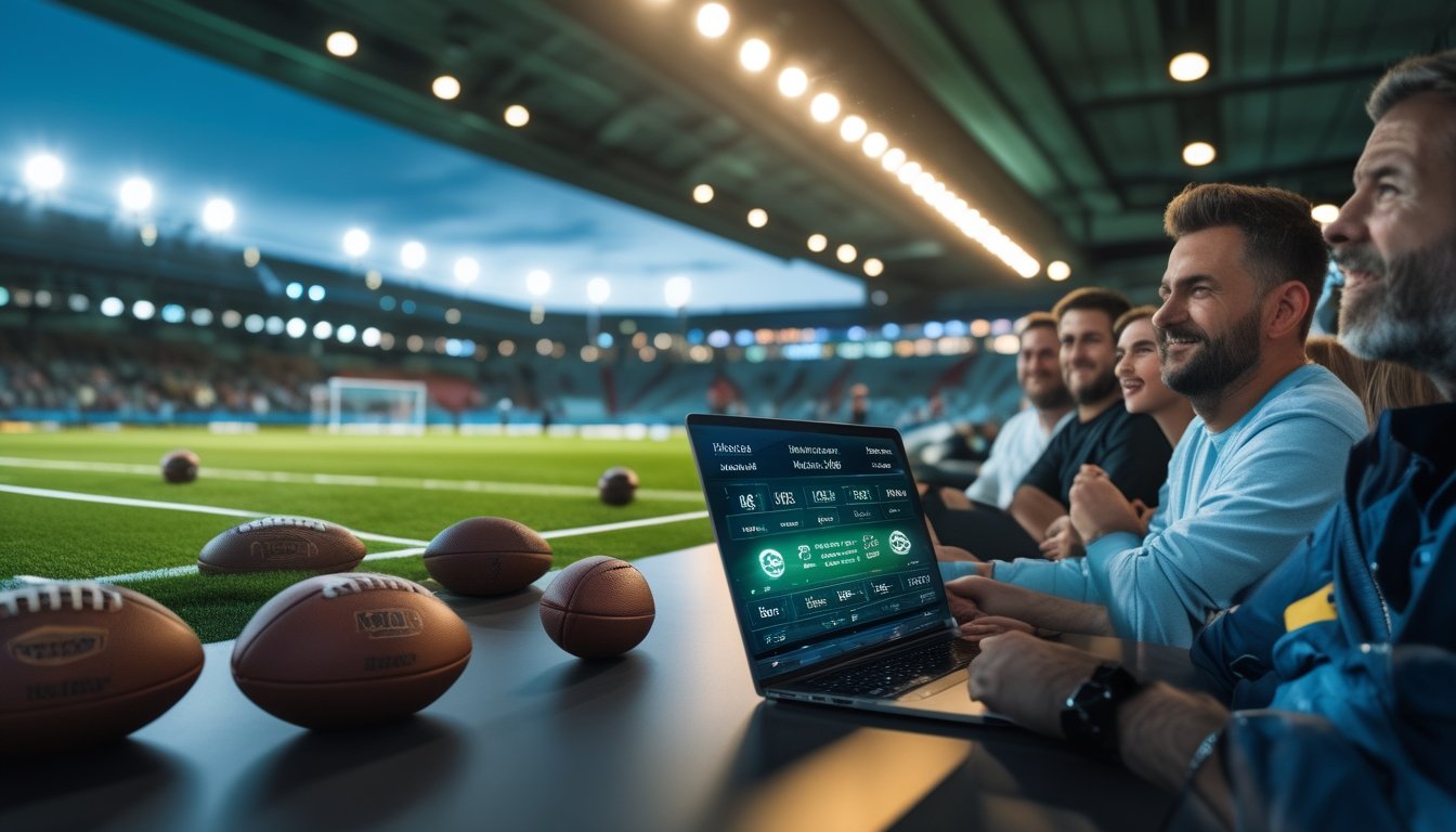Penggemar sepak bola menyaksikan pertandingan di ruang olahraga modern dengan stadion dan perangkat digital di latar depan.