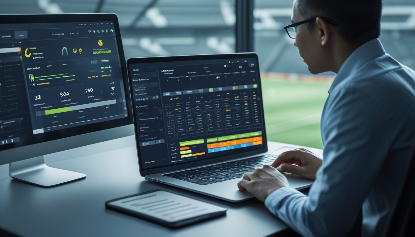 Seorang analis dewasa memeriksa statistik pertandingan sepak bola dan indikator keamanan platform digital di meja kerja modern.
