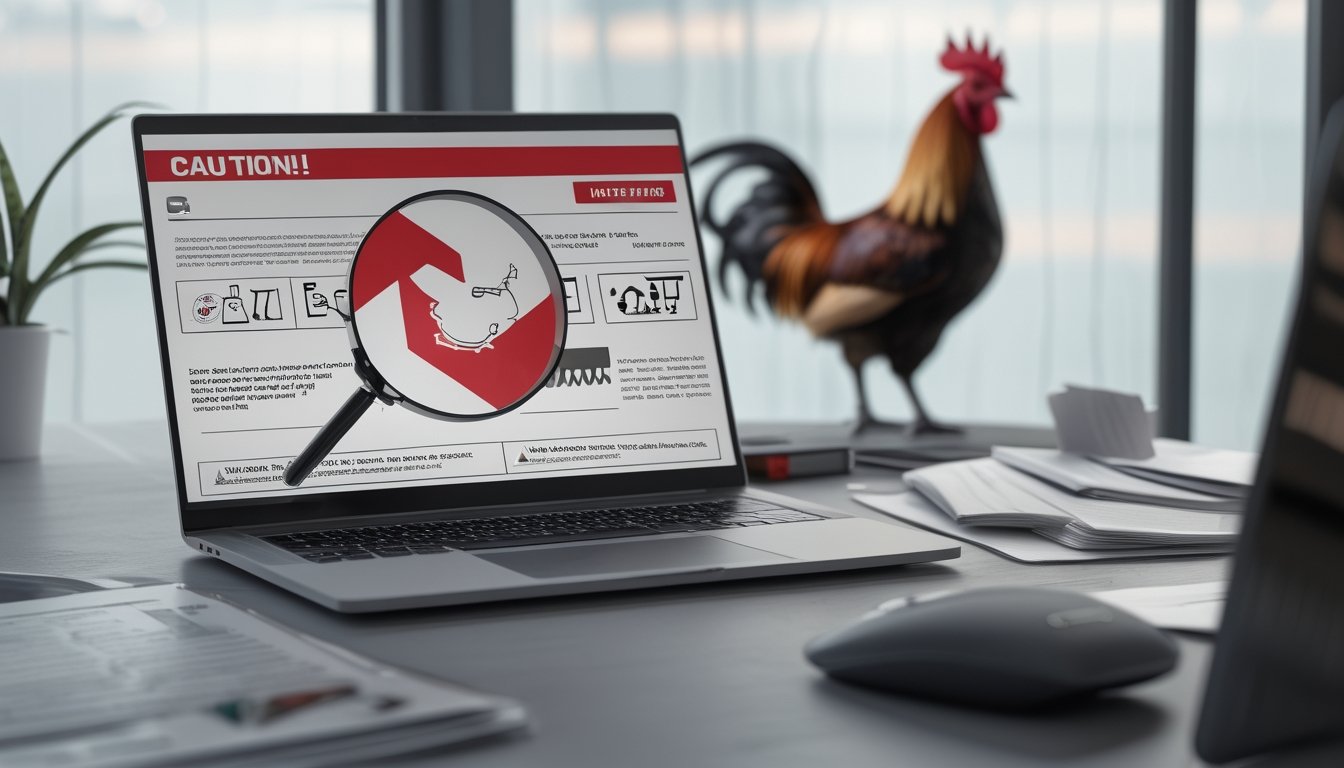Meja kerja dengan laptop, dokumen hukum, simbol peringatan, dan siluet ayam di latar belakang.