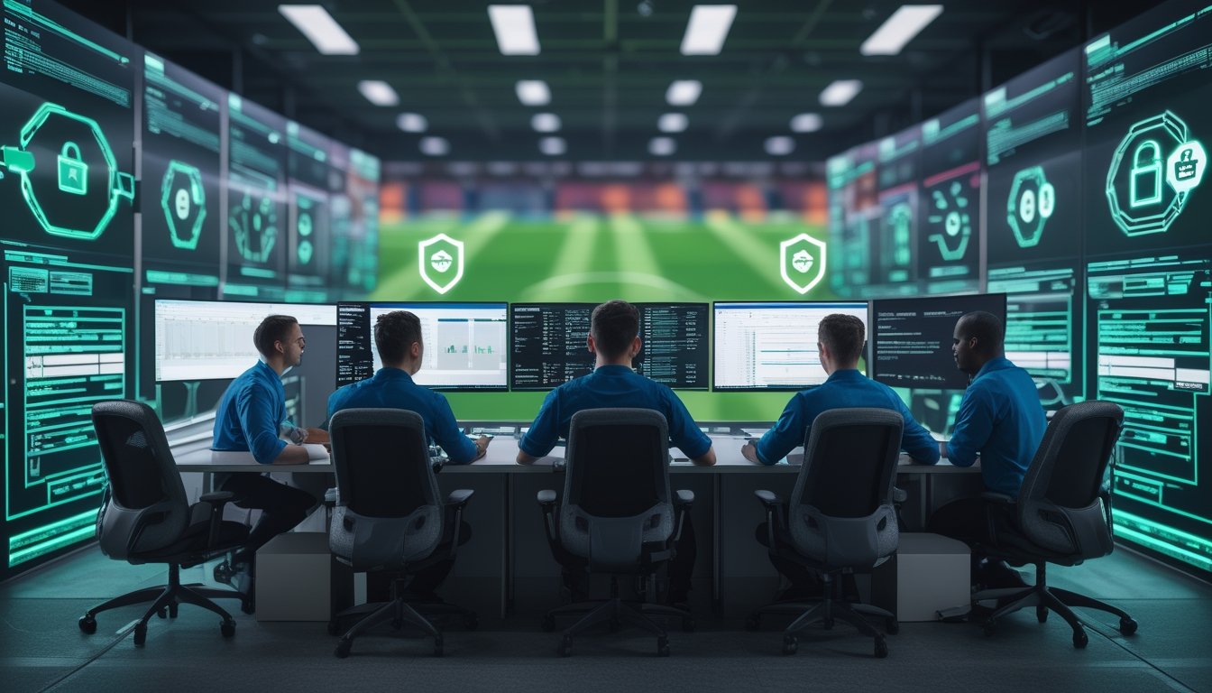 Tim keamanan siber memantau perlindungan data pemain dalam lingkungan digital bertema sepak bola.