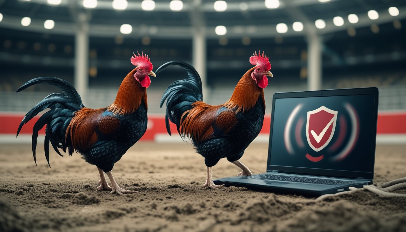 Dua ayam jantan sehat berada di arena tradisional dengan laptop dan ponsel yang menampilkan simbol keamanan digital.