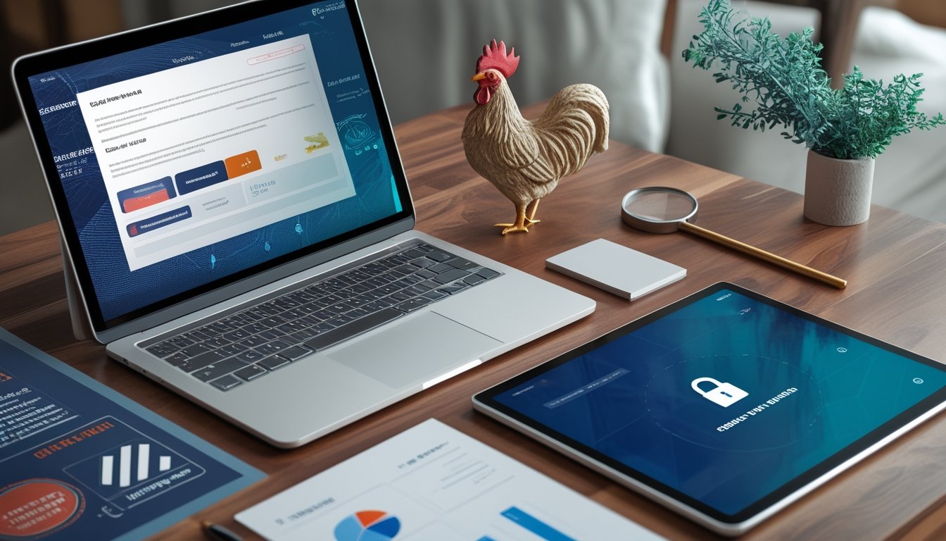 Laptop dan dokumen legal berada di meja bersama simbol keamanan digital serta dekorasi ayam yang tidak sedang bertarung.