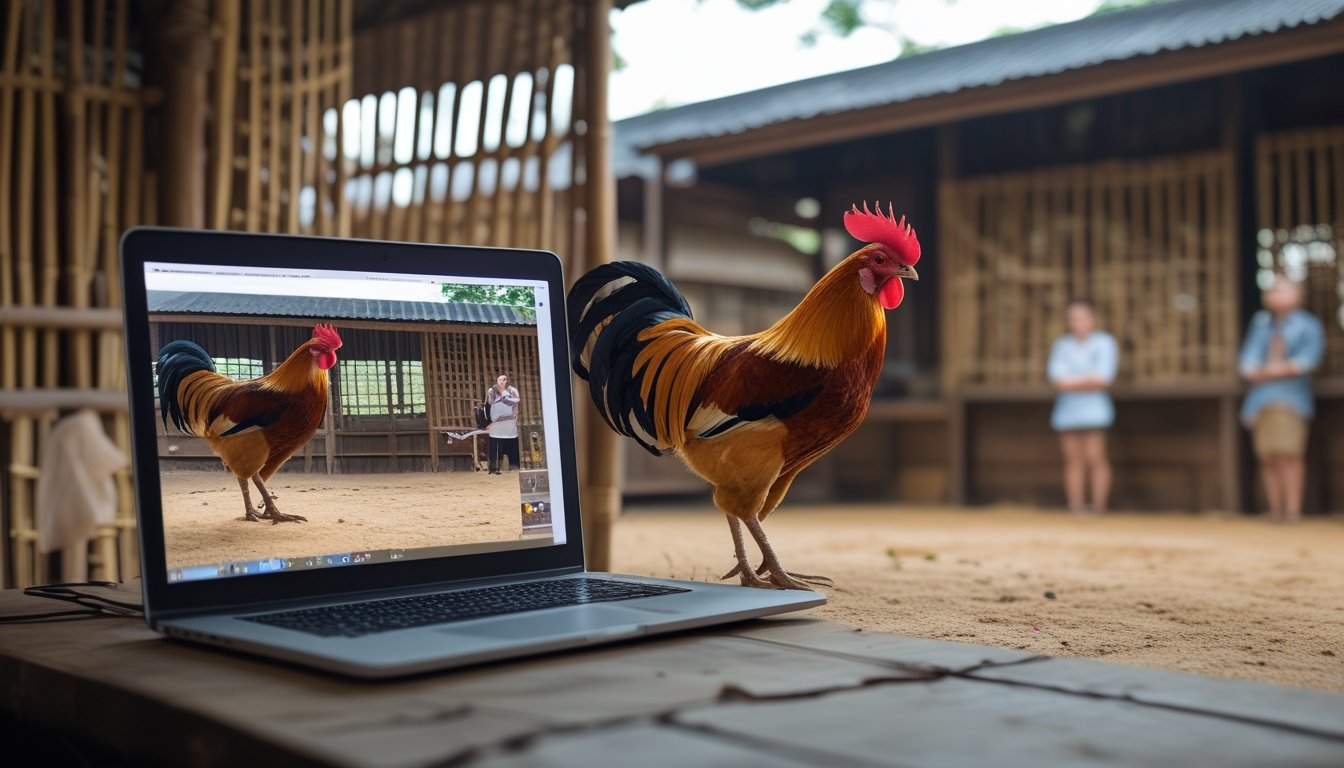 Laptop dan ponsel menampilkan siaran langsung dua ayam jantan di arena yang terang.