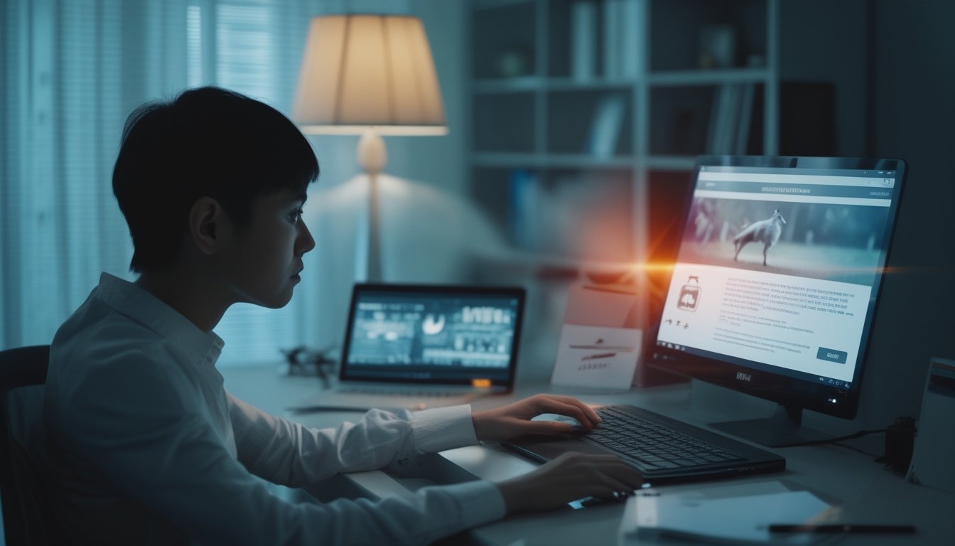 Seseorang melihat laptop dengan tampilan siaran daring yang buram di ruang kerja, disertai simbol peringatan dan dokumen.