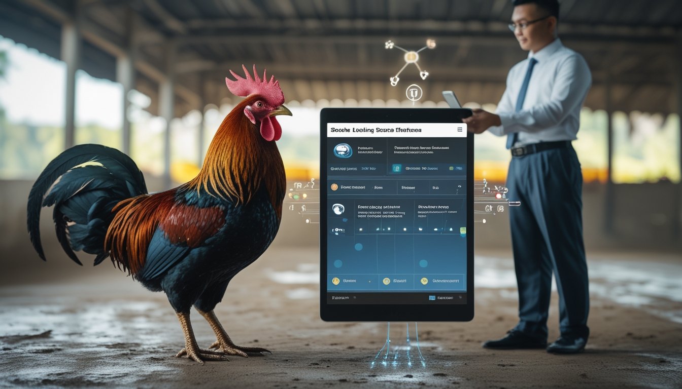 Seorang profesional memeriksa tablet di dekat ayam jantan sehat dalam arena yang bersih.