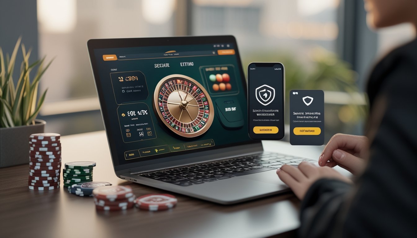 Laptop dan ponsel menampilkan suasana permainan mini roulette dengan roda roulette, keping kasino, kartu bank, dan simbol keamanan.
