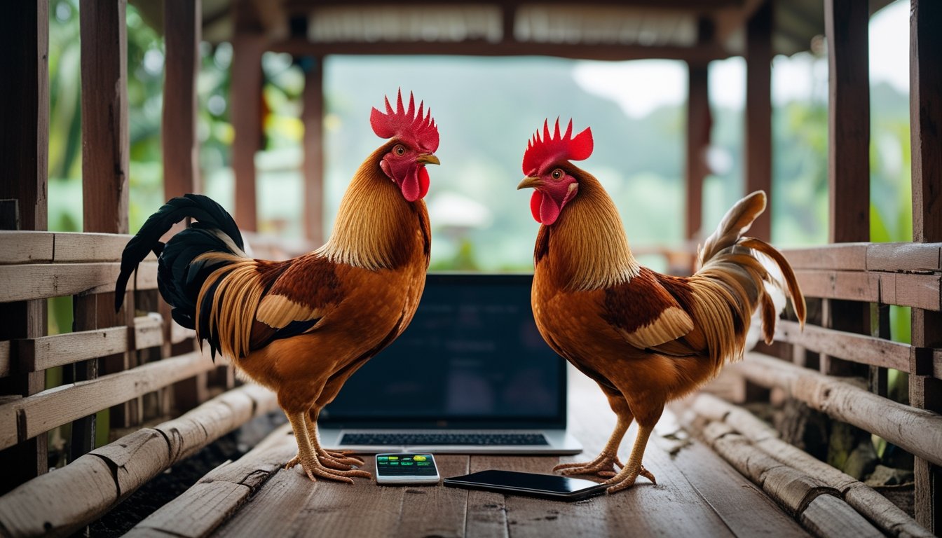 Dua ayam jantan berdiri tenang di kandang kayu dalam lingkungan pedesaan Indonesia, dengan laptop dan ponsel di dekatnya.