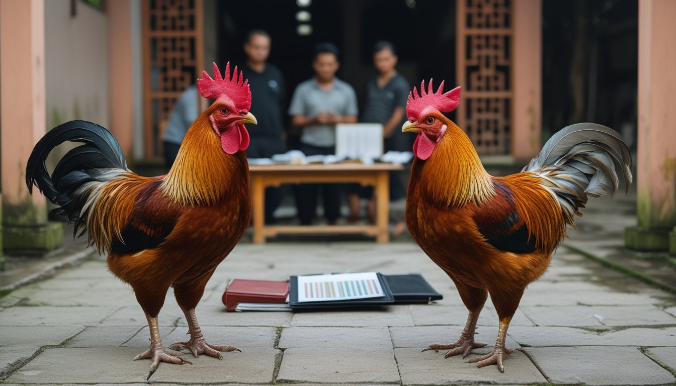 Dua ayam jantan berdiri di halaman tropis sementara beberapa orang mengamati catatan analisis di meja.