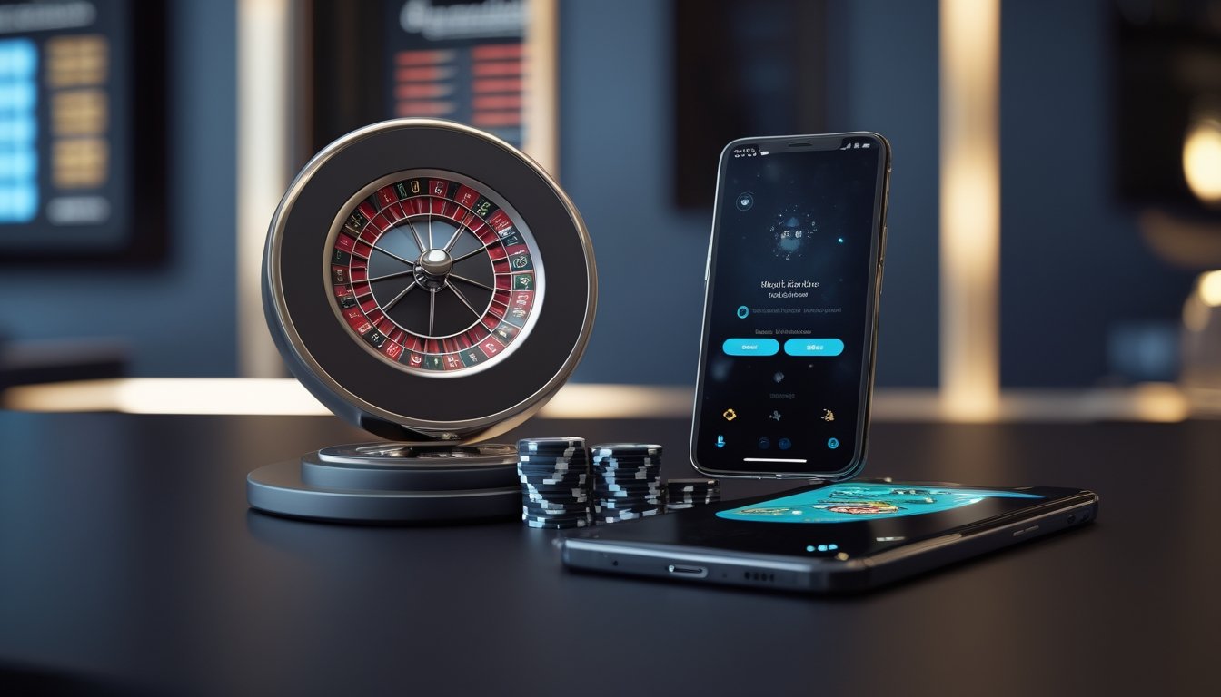 Roda roulette, keping kasino, dan ponsel dengan tampilan permainan roulette di atas meja modern.