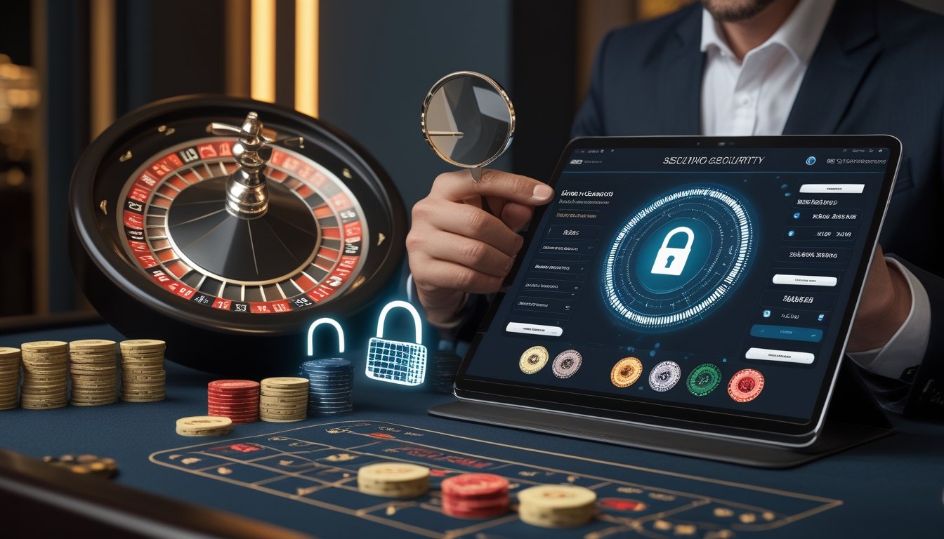 Seorang peninjau memeriksa keamanan platform kasino online di samping meja mini roulette dengan simbol perisai dan gembok.