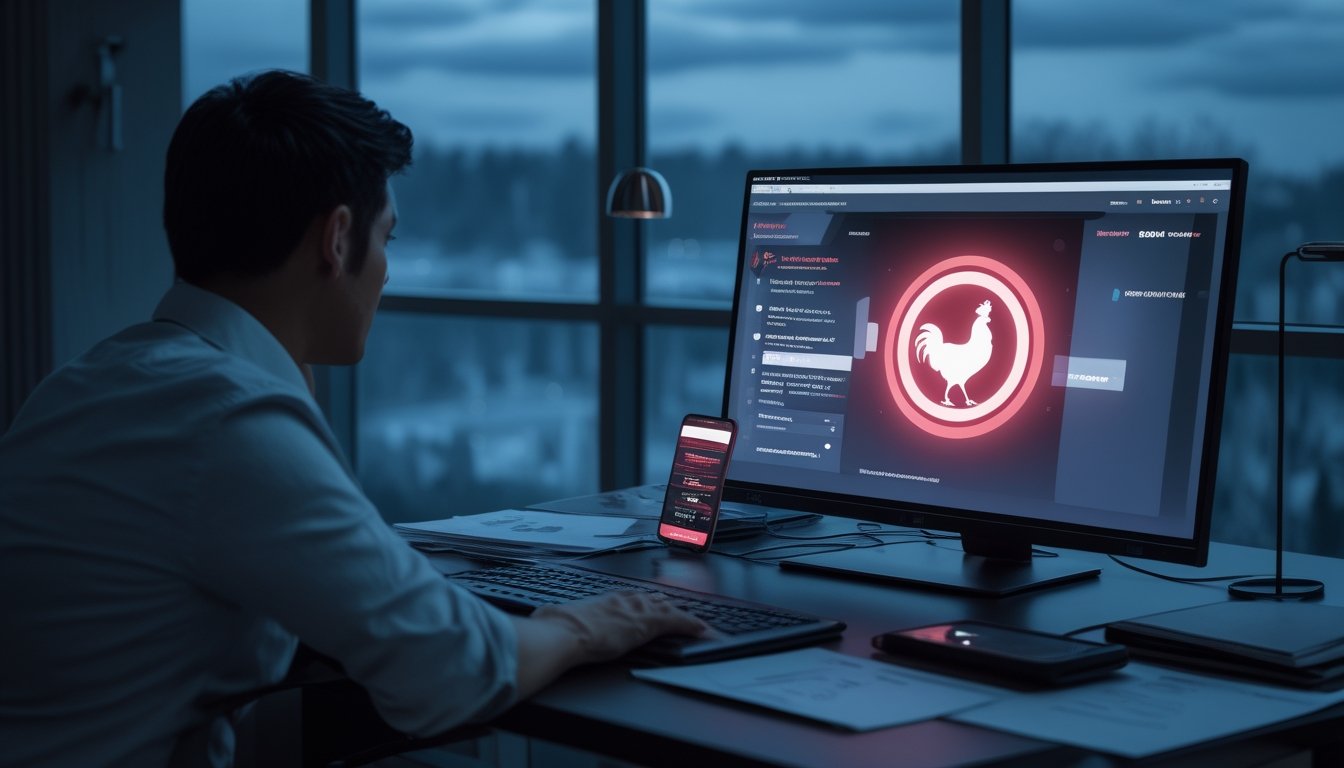 Seseorang tampak cemas melihat laptop dan dokumen keuangan di ruang kerja, dengan simbol peringatan yang menggambarkan risiko hukum dan finansial.