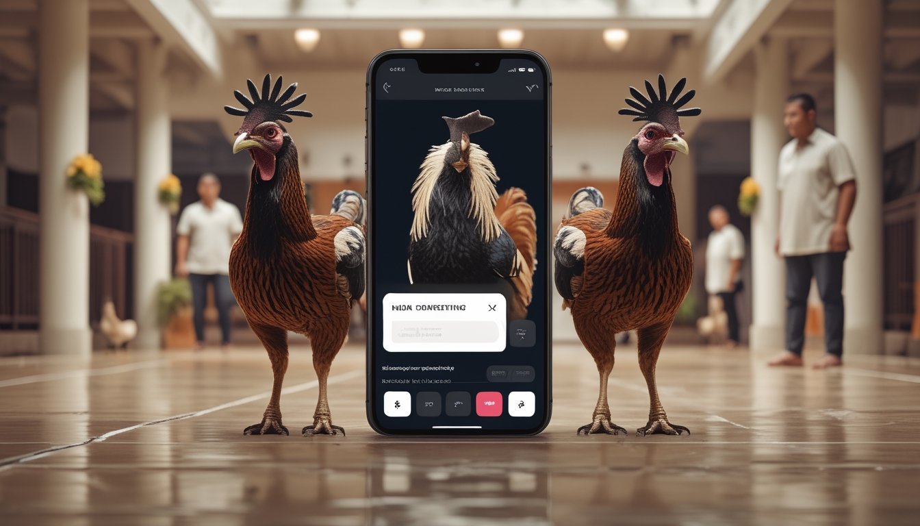 Dua ayam jago berdiri di area arena yang tertata dengan seorang pawang dan perangkat digital di latar belakang.