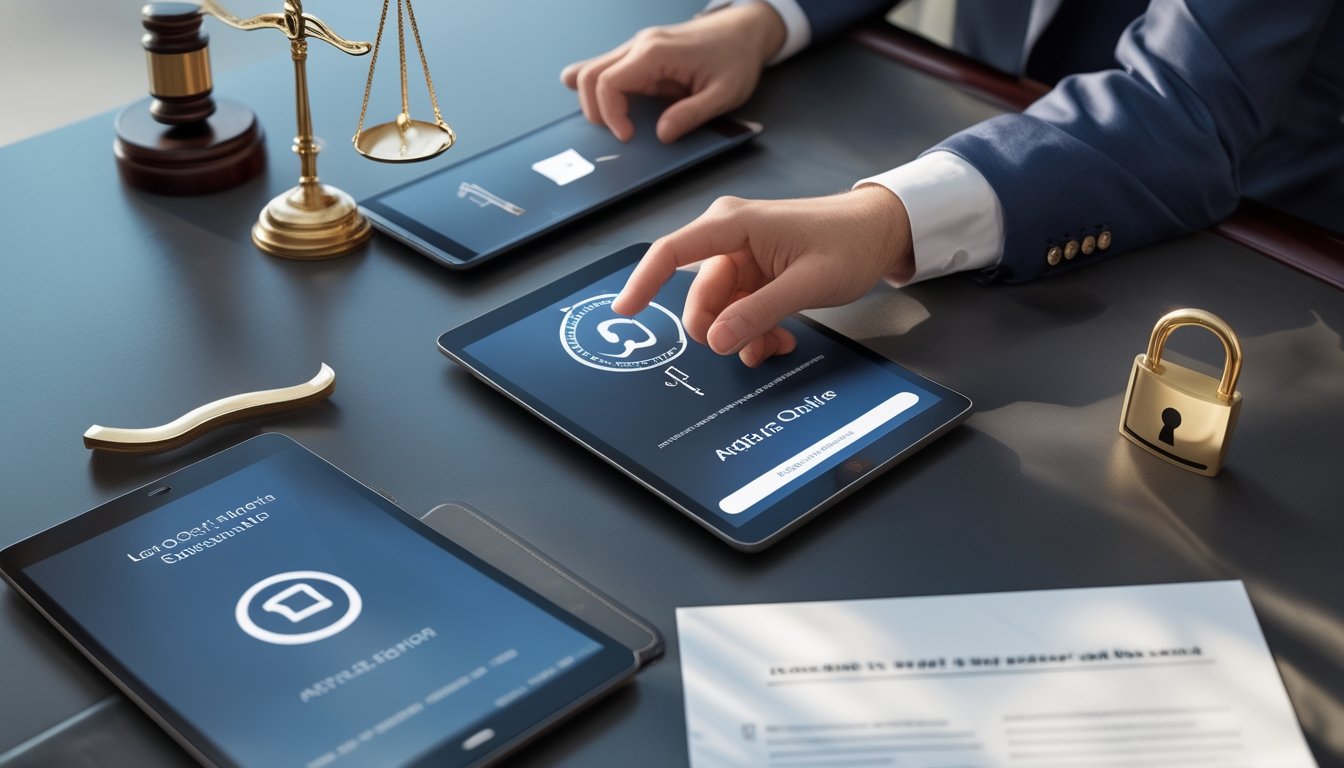 Ponsel dan tablet dengan tampilan aplikasi abstrak dikelilingi simbol keamanan, hukum, dan perlindungan data di atas meja kerja.