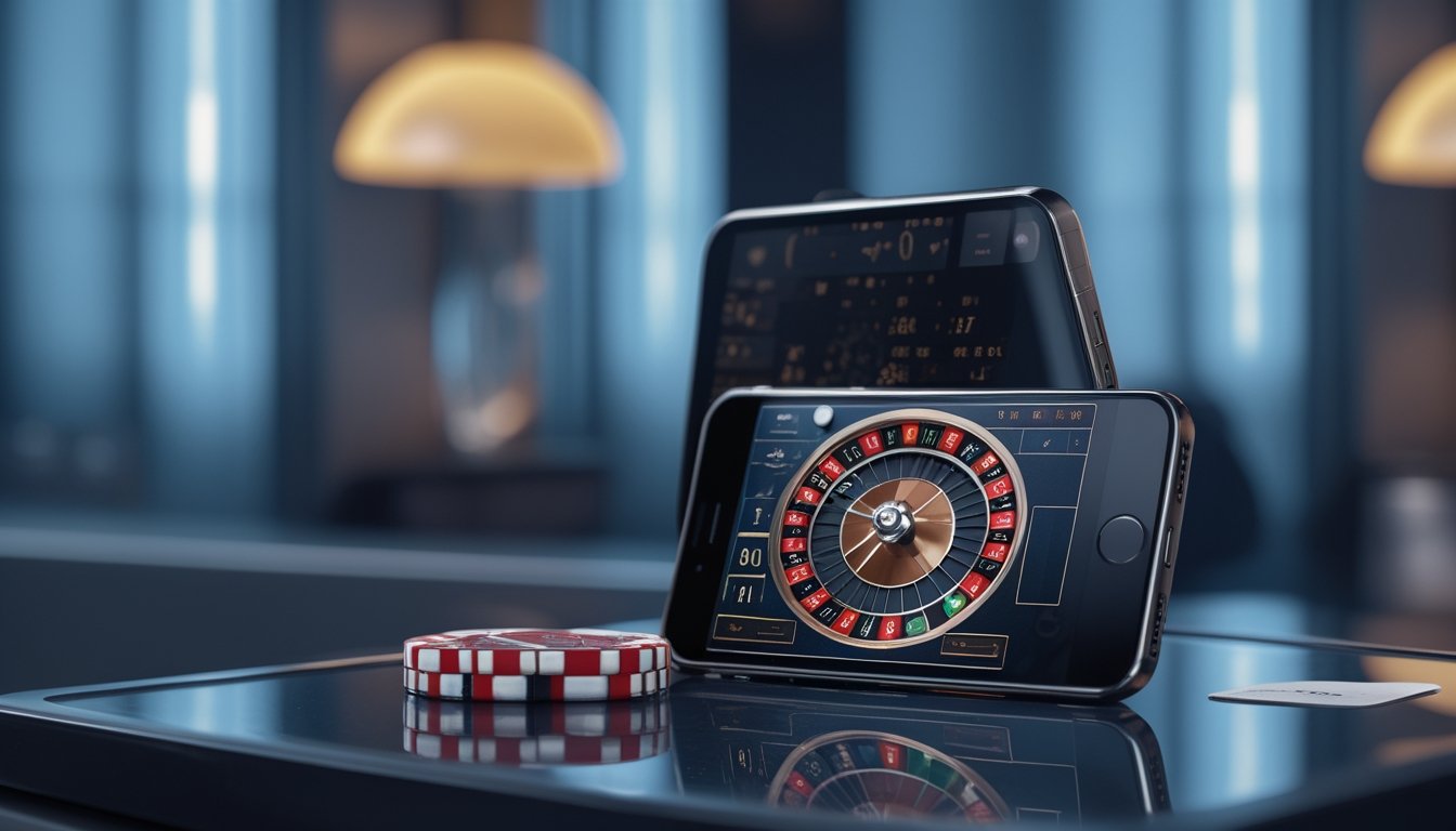 Dua ponsel pintar menampilkan permainan roda roulette di atas meja kaca dengan pencahayaan modern.