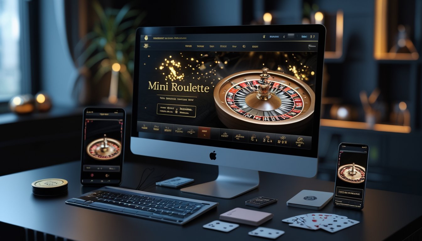 Meja modern dengan layar menampilkan roda roulette mini, keping kasino, dan cahaya keemasan yang menggambarkan kemenangan besar.