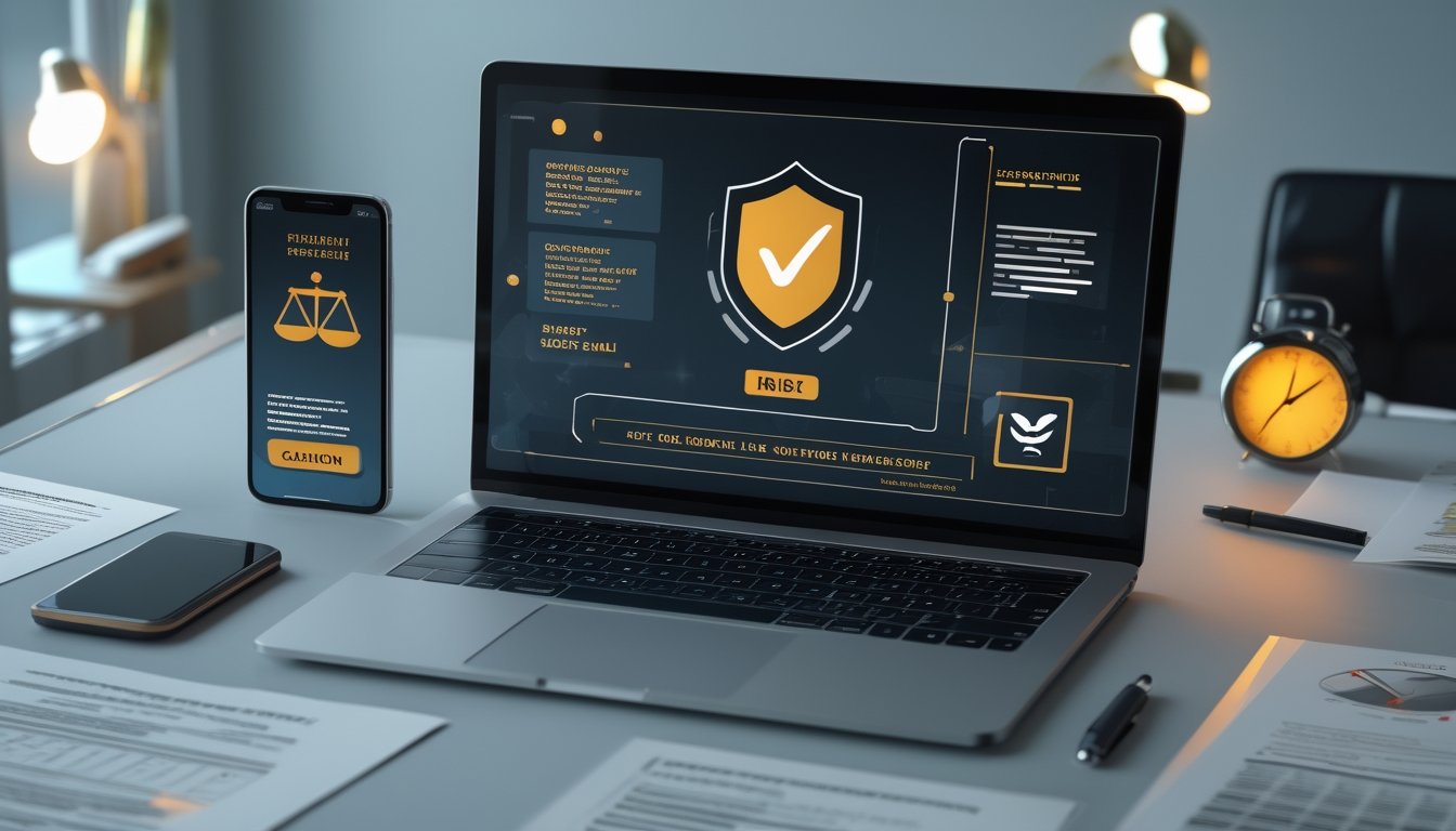 Laptop, ponsel, dan dokumen hukum di meja kerja dengan simbol peringatan dan keamanan.