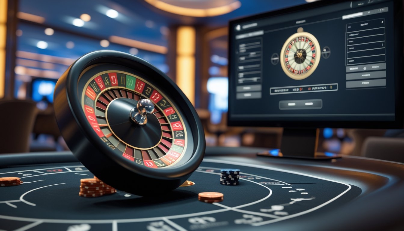 Roda roulette mini dengan bola dan beberapa keping taruhan di atas meja permainan.