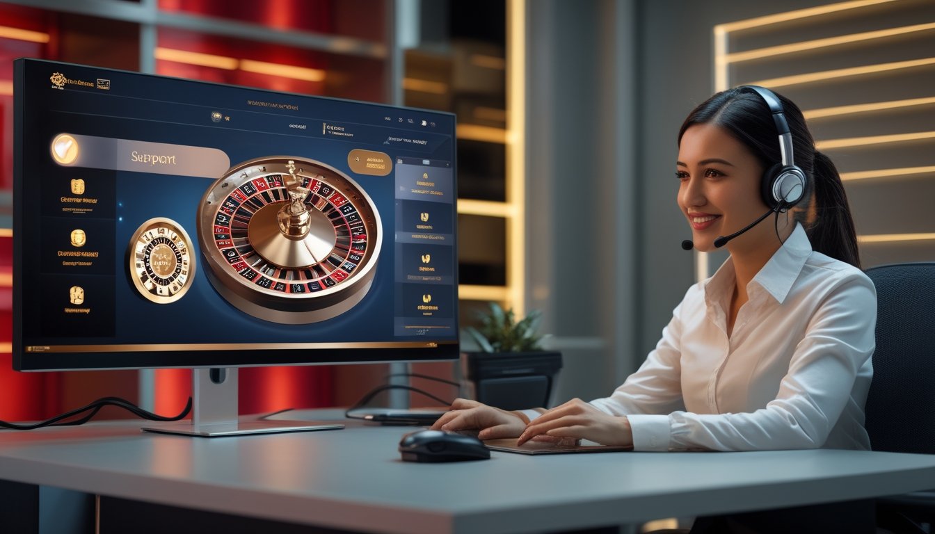 Seorang petugas layanan pelanggan memakai headset di meja modern dengan tampilan roda roulette abstrak pada monitor.