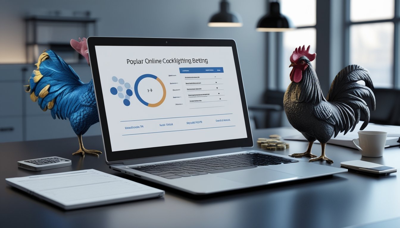 Laptop dengan tampilan perbandingan abstrak, ponsel, kalkulator, dan hiasan ayam jantan di meja kantor modern.