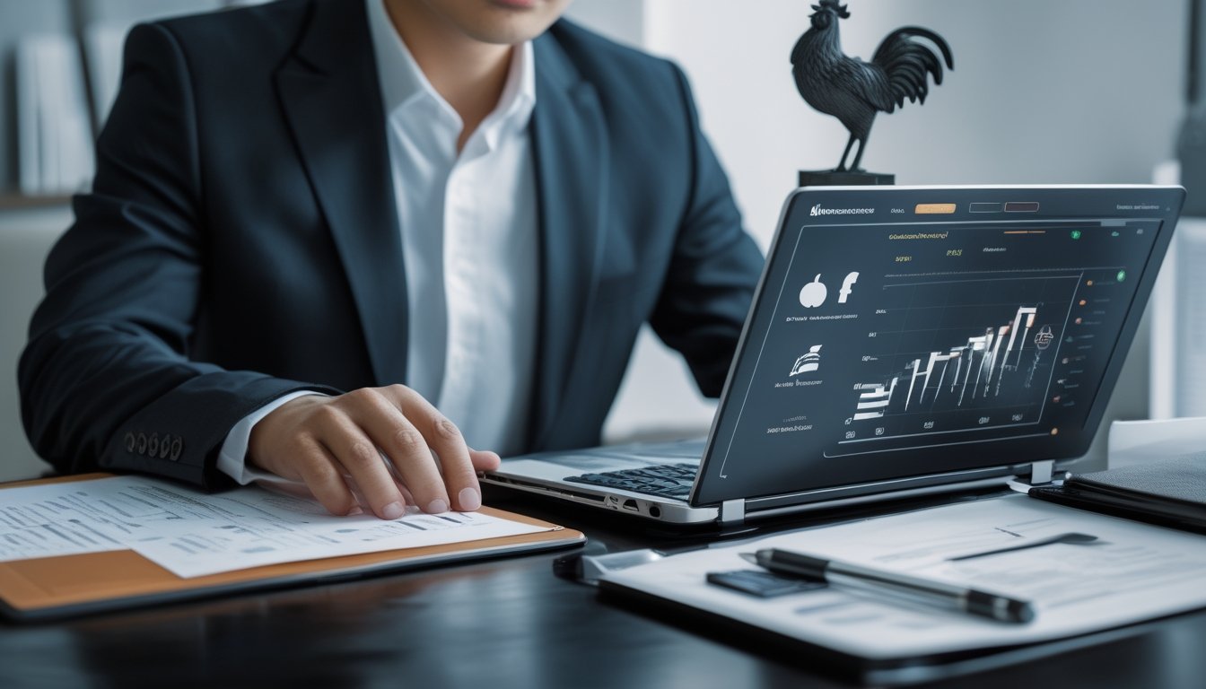 Seorang profesional meninjau dokumen hukum dan grafik risiko di laptop dengan simbol sabung ayam yang samar di latar belakang.