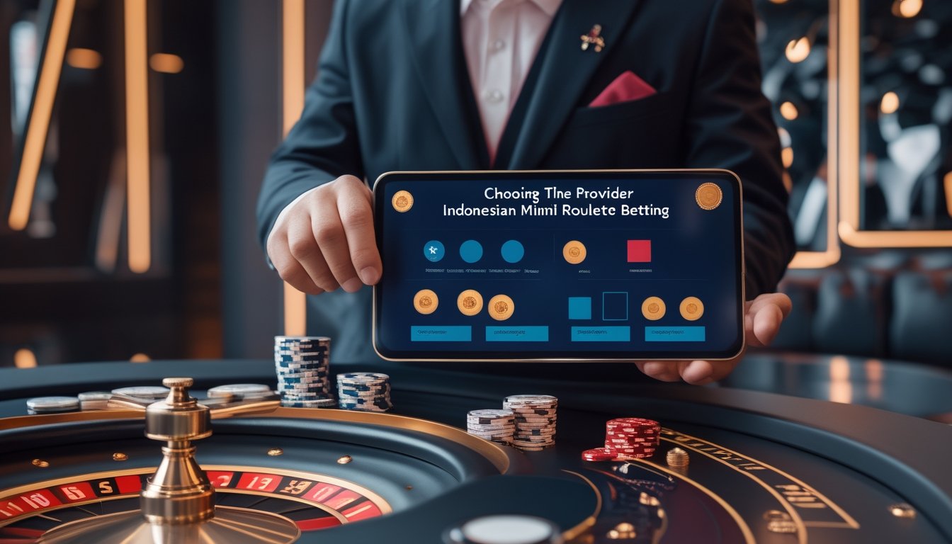 Meja roulette modern dengan keping kasino dan tablet yang menampilkan perbandingan penyedia secara visual.