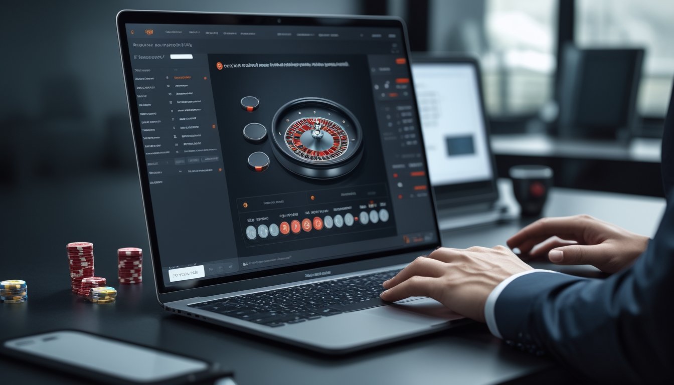 Seorang analis menilai platform permainan mini roulette digital dengan roda roulette dan chip di meja kerja modern.