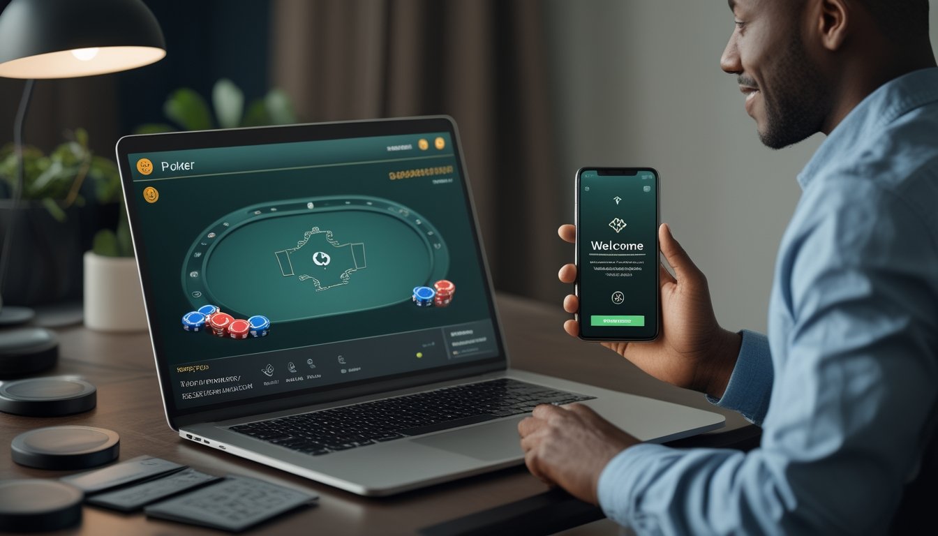 Seseorang menggunakan laptop dan ponsel dengan tampilan permainan poker digital di meja kerja modern.