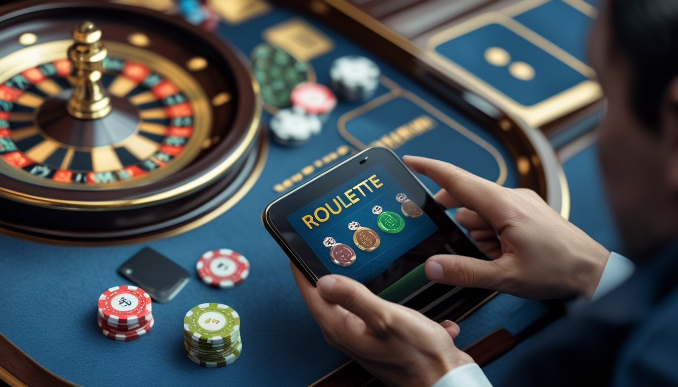 Roda roulette, keping kasino, dan perangkat digital di atas meja dalam suasana permainan yang elegan.