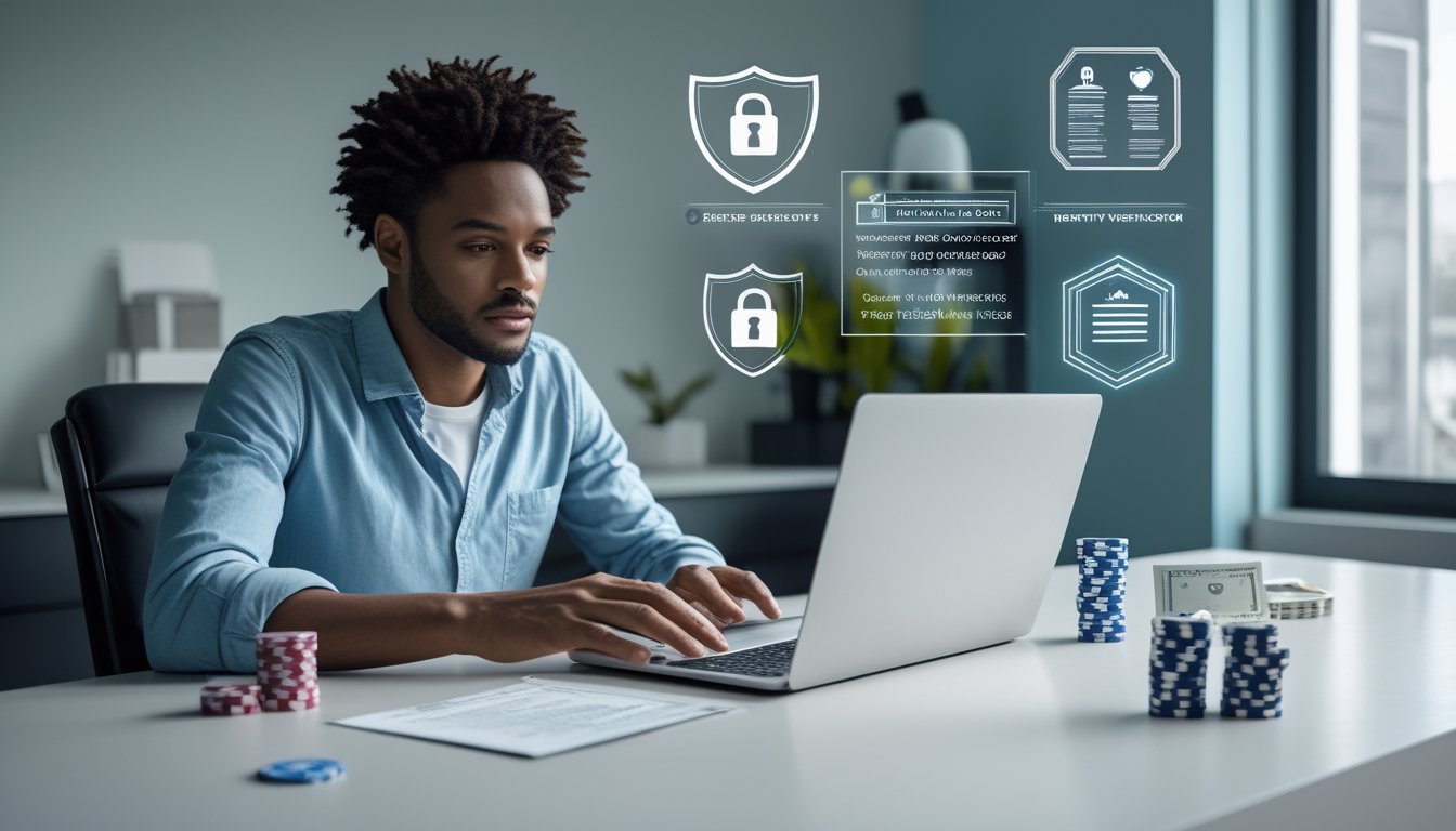 Orang dewasa memeriksa keamanan platform poker online di laptop dengan simbol gembok, perisai, dan dokumen verifikasi di meja.