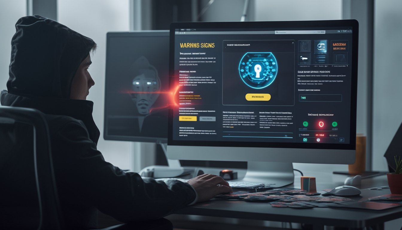 Seseorang tampak khawatir saat memeriksa situs poker online mencurigakan di laptop dengan simbol peringatan dan kartu poker di meja.