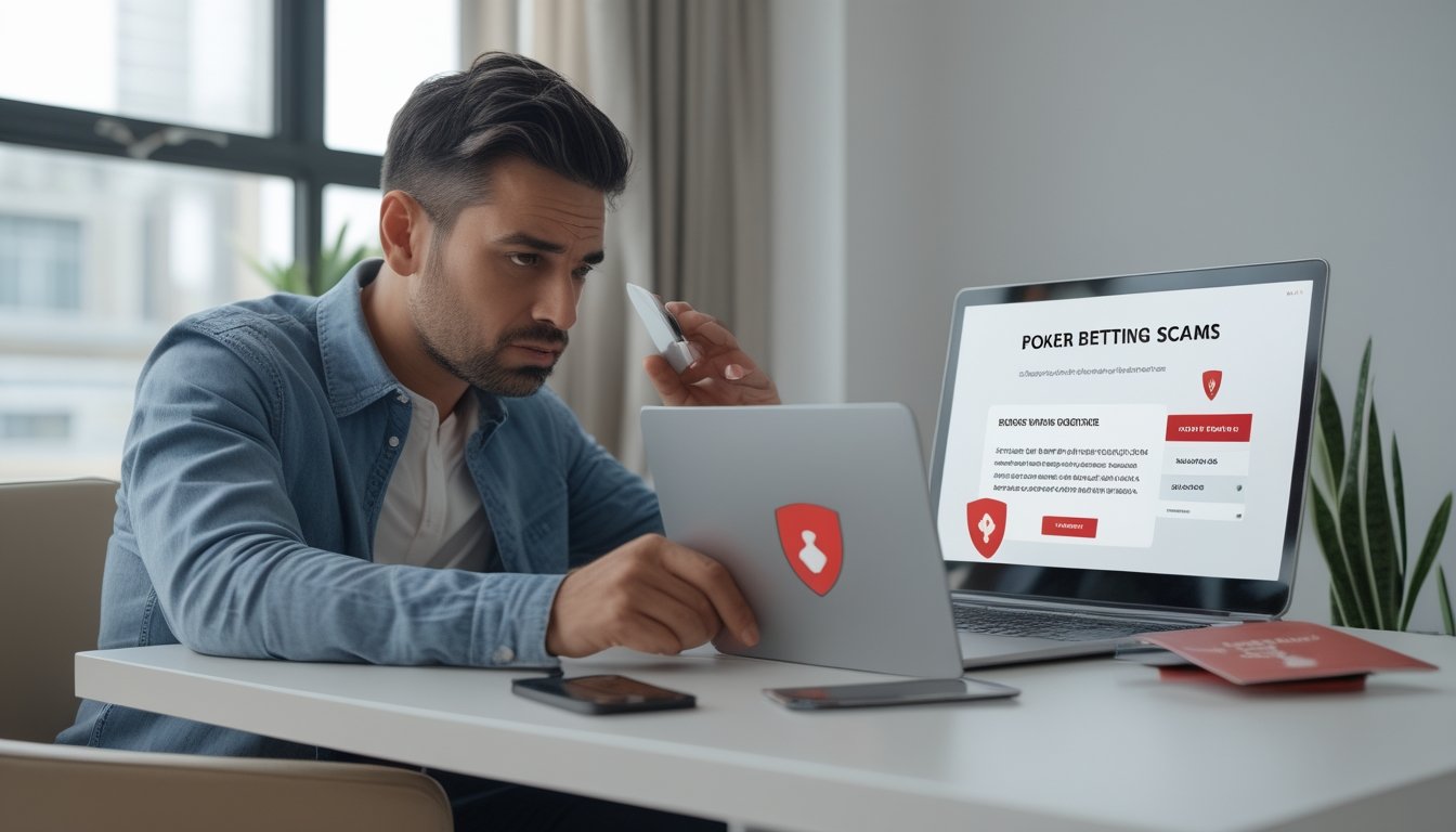Seseorang memeriksa situs taruhan poker yang mencurigakan di laptop dengan simbol peringatan dan kaca pembesar di meja.