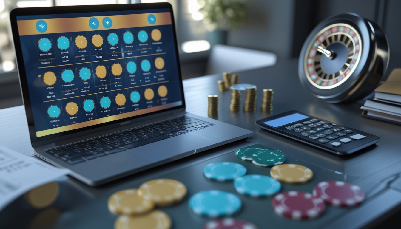 Meja modern dengan roda roulette, keping kasino, laptop, dan kartu perbandingan abstrak yang menggambarkan evaluasi cashback.