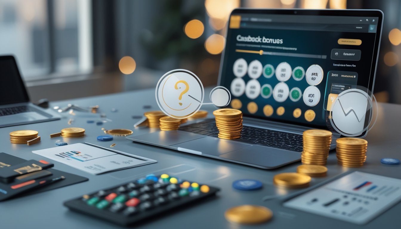 Meja kerja modern dengan laptop berisi tampilan mini roulette abstrak, keping permainan, kalkulator, grafik keuangan, dan kartu perbandingan kosong.
