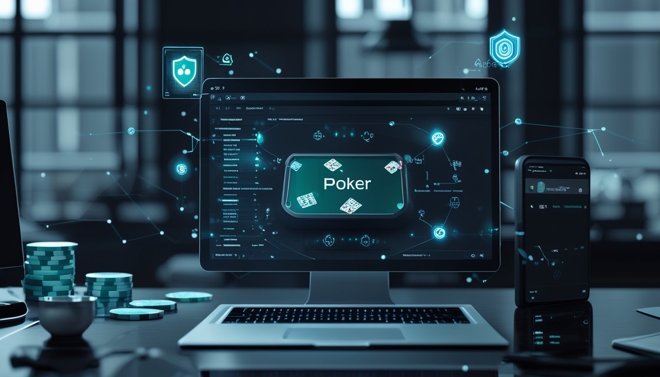 Komputer menampilkan meja poker digital dengan simbol perisai dan gembok keamanan data.