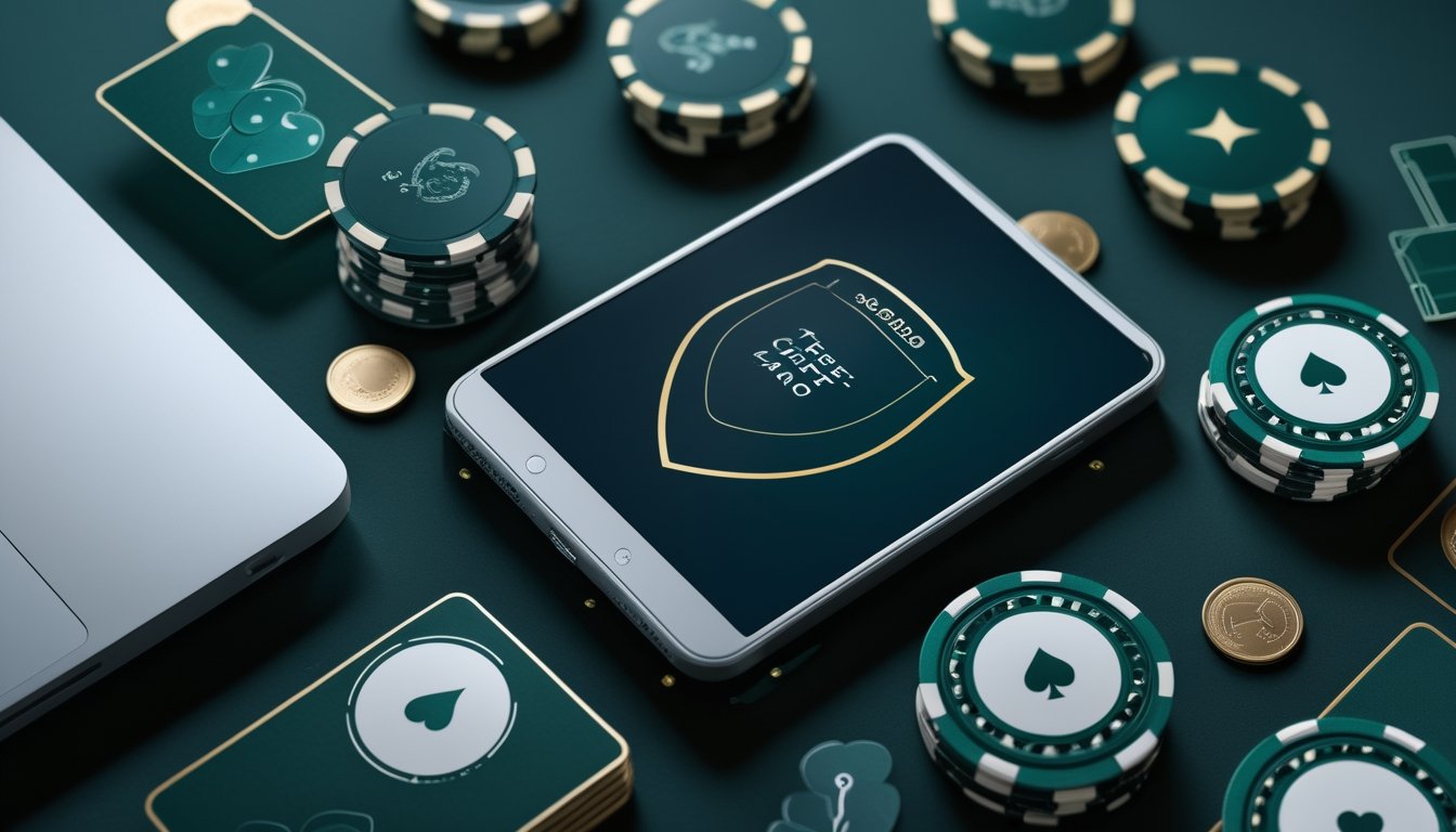 Meja poker hijau dengan kartu tertutup, keping poker, dan perangkat digital yang menampilkan antarmuka permainan abstrak.