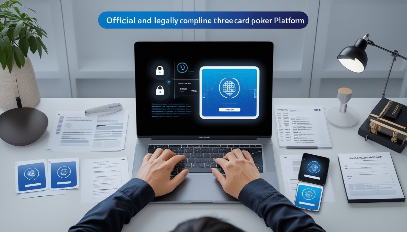 Seorang profesional memeriksa legalitas platform online melalui laptop, dokumen, dan simbol keamanan di meja kerja.