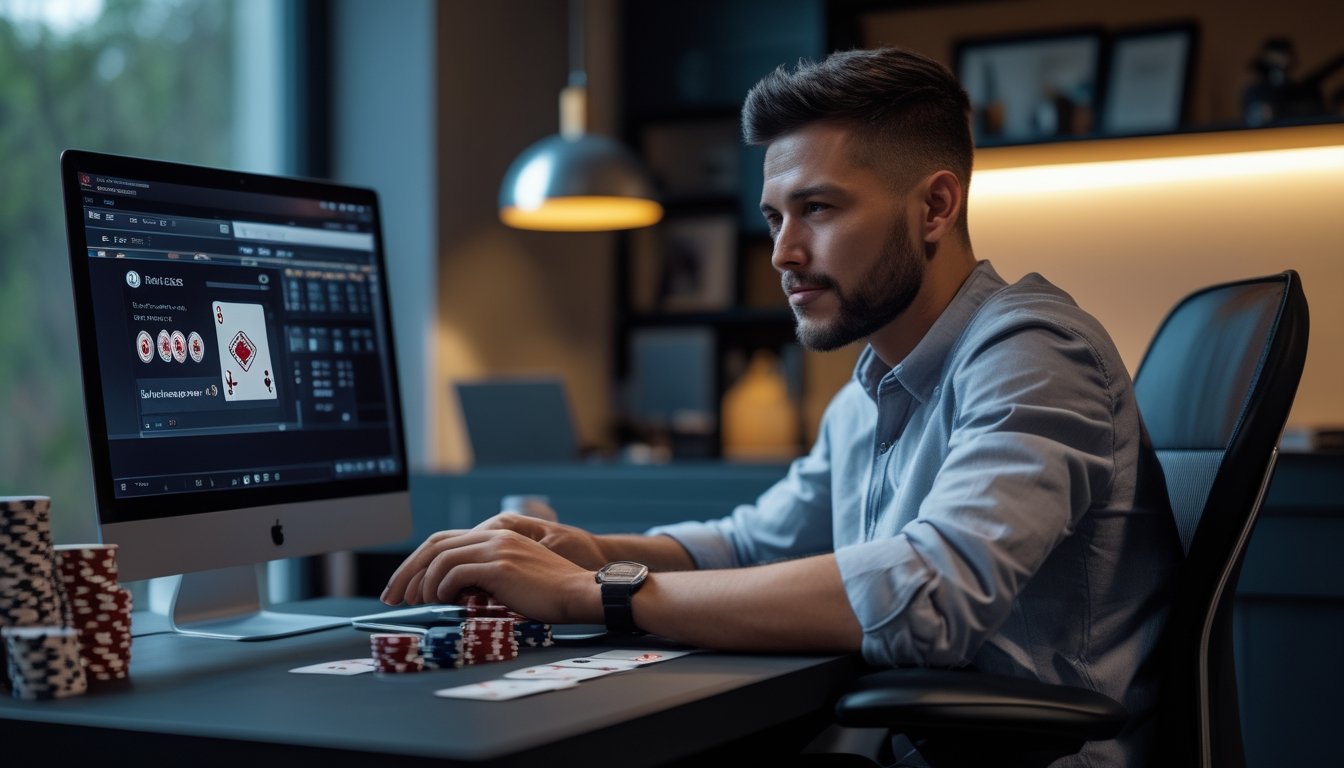 Orang dewasa bermain poker online di depan laptop dengan kartu dan keping poker di atas meja.
