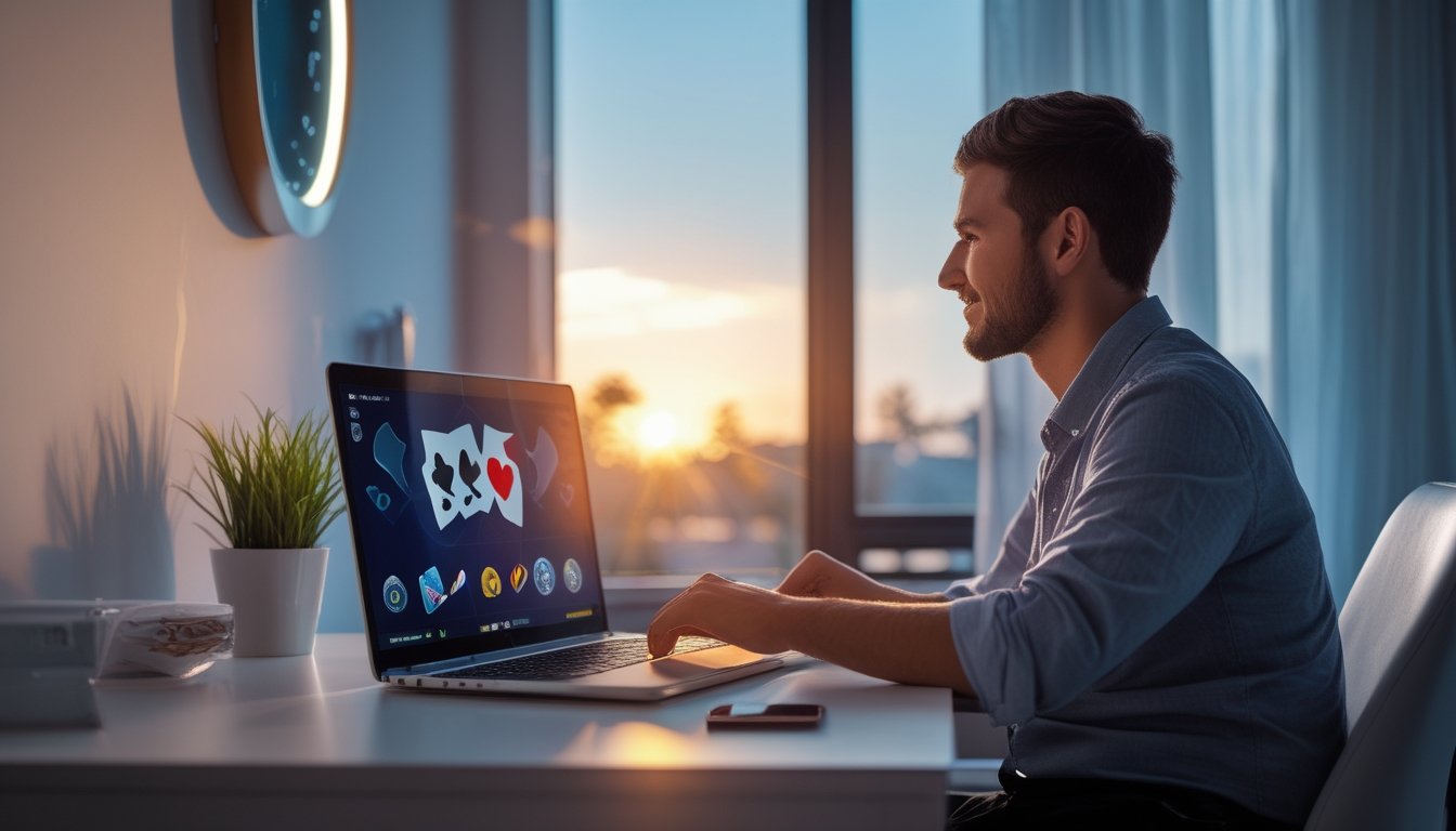 Seseorang bermain poker online di laptop dalam ruangan modern dengan suasana siang hingga malam.