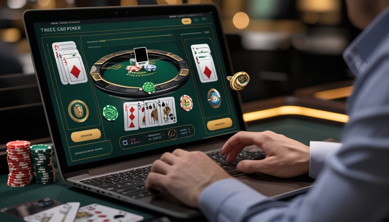Seseorang menggunakan platform poker Three Card Poker daring dengan kartu dan chip poker di layar komputer.