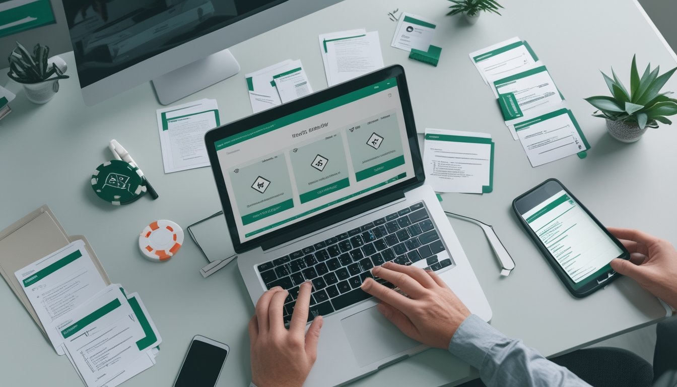 Seseorang memeriksa platform poker online menggunakan laptop dan ponsel di meja kerja dengan dokumen verifikasi serta kartu dan chip poker.