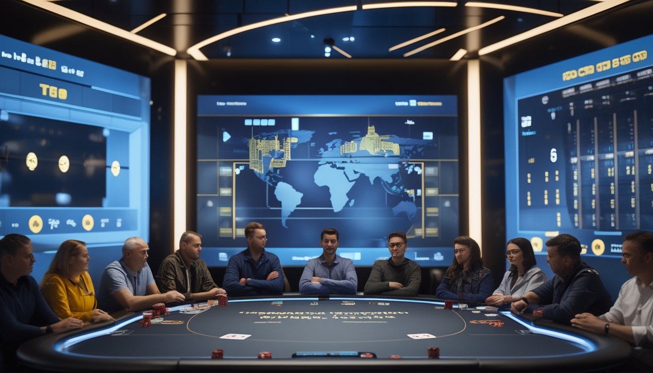 Pemain poker dewasa dari berbagai negara mengikuti turnamen internasional di meja poker modern dengan kartu dan chip.