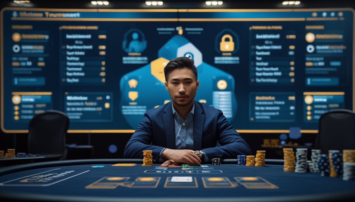 Pemain poker mengikuti turnamen internasional di meja dengan kartu, chip, dan tampilan keamanan digital di latar belakang.
