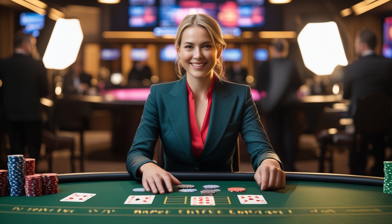 Dealer profesional memandu permainan poker tiga kartu di meja kasino dengan kartu dan keping taruhan.