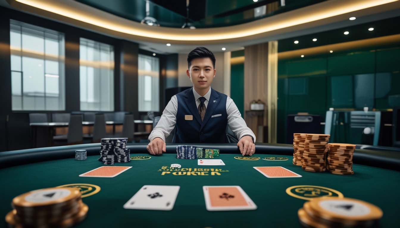 Dealer profesional memandu permainan Three Card Poker di meja kasino modern dengan kartu dan chip.