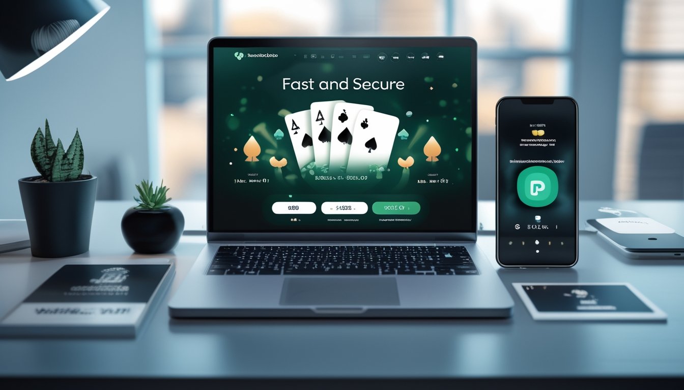 Laptop dan ponsel menampilkan antarmuka pembayaran digital dengan kartu dan simbol transaksi di atas meja.