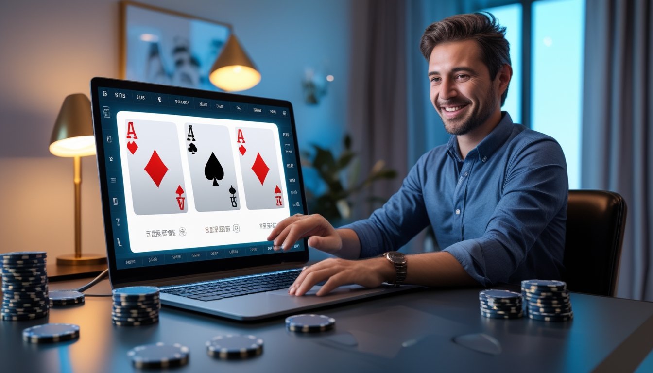 Orang dewasa menikmati permainan poker digital di laptop dengan kartu dan keping taruhan di meja.